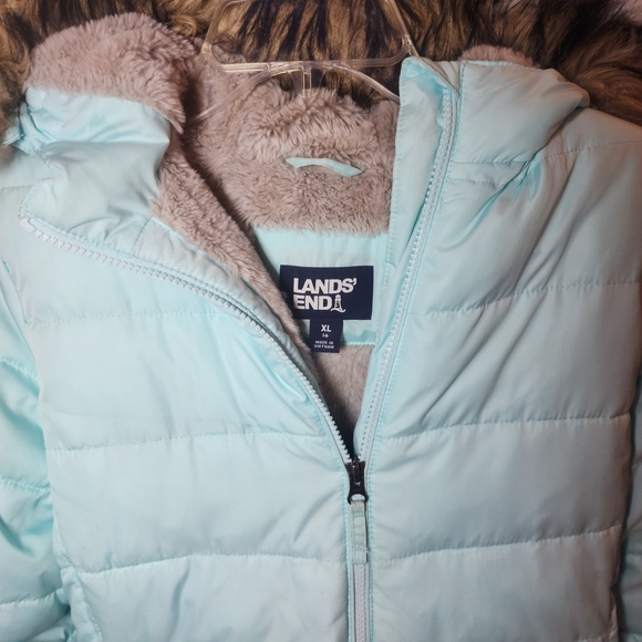 Lands' End Sky Blue Quilted Coat with Faux Fur Trim - Picture 4 of 8